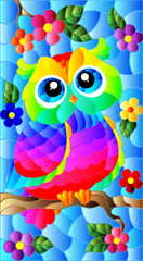 A stained glass illustration with a cute cartoon rainbow owl sitting on a tree branch with flowers against a blue sky