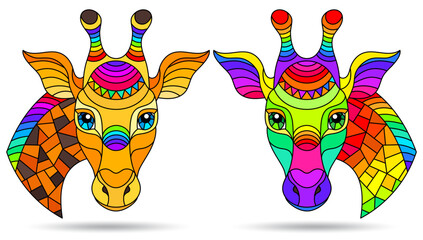 A set of illustrations in the style of stained glass with the faces of bright giraffes, animals isolated on a white background