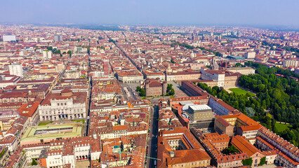 Fototapeta na wymiar Turin, Italy. Flight over the city. Historical center, top view, Aerial View