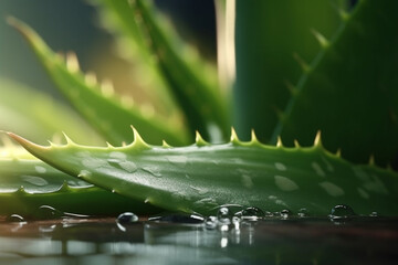 Nature, beauty, and medicine concept. Close-up view of aloe vera leaf with water drops illuminated by sunlight. Generative AI