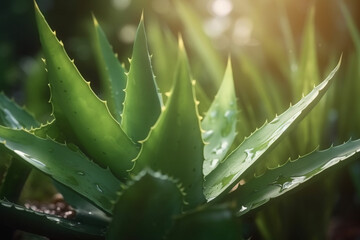 Nature, beauty, and medicine concept. Close-up view of aloe vera leaf with water drops illuminated by sunlight. Generative AI