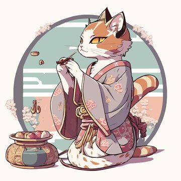 serenity cat eating Mizutaki, cat character, artistic, print design, for t-shirt and case
