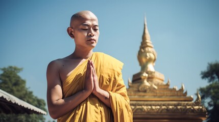 A monk standing praying in front of a golden Buddha, Generative Ai