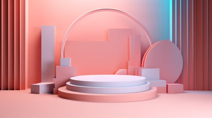 Abstract minimal geometric background, primitive forms, pastel colors Podium, Product Podium on pink Background, generative ai