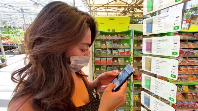 Motion graphics visual effect of woman on iPhone shopping for gardening items in store