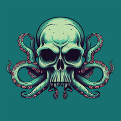 skull head octopus tentacle vintage badge logo vector illustration