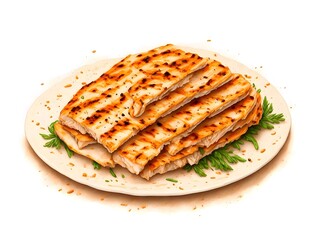 Grilled Chicken Fillet, Garnished with Herbs, Watercolor Illustration on a White Background