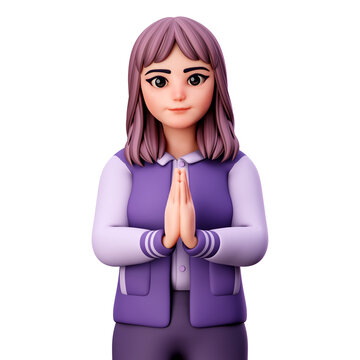 Woman Character with Purple Clothes showing folded hand or Namaste, 3D Render Illustration