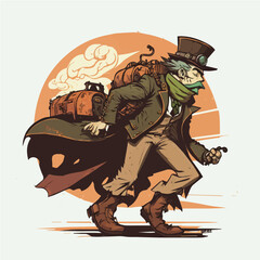 Vector illustration of a steampunk character Going on a train ride tundra, hand-drawn, cartoonish, minimalist, comic

