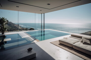 Fototapeta na wymiar Modern Interior Designed House with an Ocean View - Generative Ai