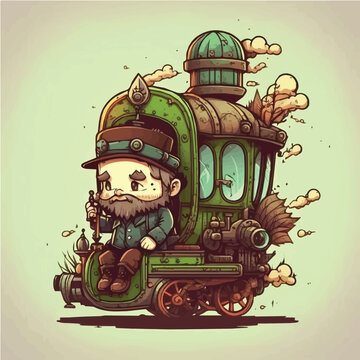 Vector illustration of a steampunk character Going on a train ride tundra, hand-drawn, cartoonish, minimalist, comic
