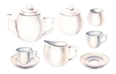 Watercolor set of white ceramic dishes on a white background