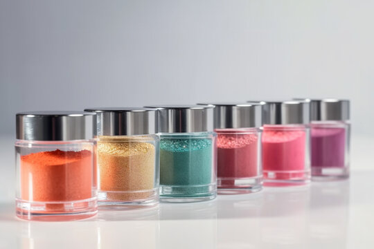 Close-up of jars with colorful powder. Dipping powder for manicure. Generative ai