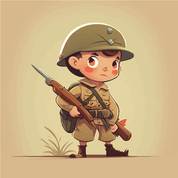 little Soldier with a uniform, rifle, and a brave, courageous look simple, cartoon, children book style, comic, flat character, artistic, Illustrator
