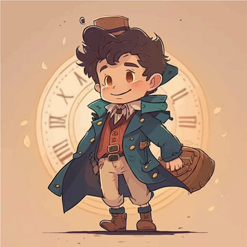 little Time traveler who is stuck in the past or future and must find a way to return to their own time simple, cartoon, children book style, comic, flat character, artistic, Illustrator
