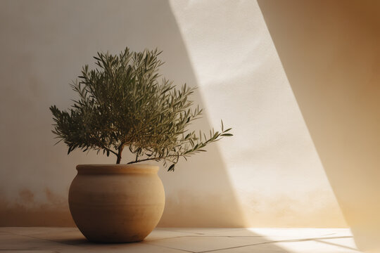 Olive tree in a stone pot, mediterranean style, generative ai
