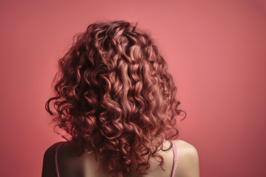 View From The Back Of The Girl With Beautiful Curly Hair Over Pink Background. Hair Care And Styling, Generative Ai