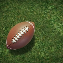 American football ball on green grass, top view. Generative ai