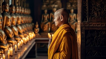 A monk standing praying in front of a golden Buddha, Generative AI - obrazy, fototapety, plakaty