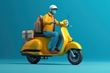 Fototapeta na wymiar Delivery man ride scooter motorcycle for online delivery service on blue background. Generative AI