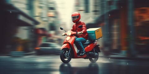 Delivery man ride scooter motorcycle with motion blur cityscape background. Generative AI