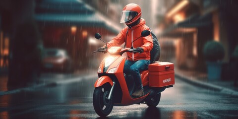 Delivery man ride scooter motorcycle with motion blur cityscape background. Generative AI