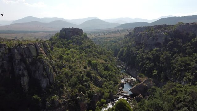 Spectacular drone view of mountains, valleys, ridges and river in Graskop, South Africa.