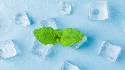 Ice cubes and fresh mint leaves, isolated on blue background