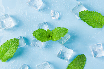 Ice cubes and fresh mint leaves, isolated on blue background © zhikun sun