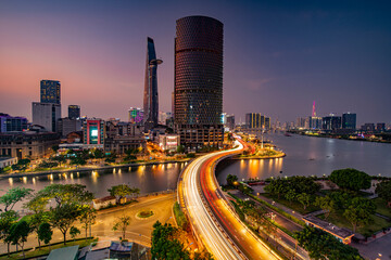 Fototapeta na wymiar Sunset on the Saigon riverside, Ho Chi Minh city, Vietnam. Photo taken in the May 2023