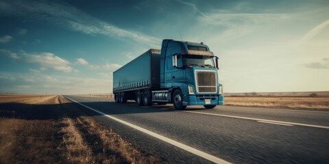 Truck driving on the road with beautiful landscape motion blur background. Generative AI