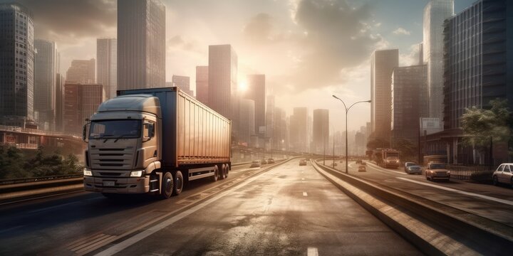 Truck driving on the road with cityscape motion blur background. Generative AI
