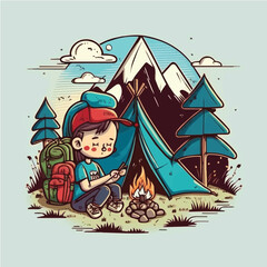Vector illustration of a journey character Camping mountain, hand-drawn, cartoonish, minimalist, comic
