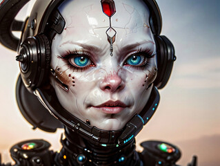 Sci-Fi Robot Cyborg With Womans Face Porcelin Like Skin with Elaborate Mechanical Metal Helmet and Body Generative AI Illustration
