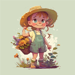 little Gardener with a sunhat, overalls, and a basket of freshly picked vegetables simple, cartoon, children book style, comic, flat character, artistic, Illustrator
