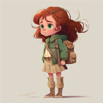 Chestnut Brown haired, Green eyed female child  simple, cartoon, children book style, comic, flat character, artistic, Illustrator

