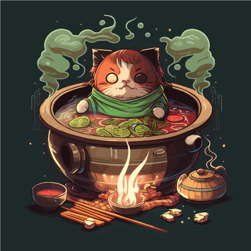 surprise cat eating Hot Pot, cat character, artistic, print design, for t-shirt and case
