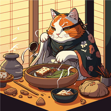 relax cat eating Ebi Fry, cat character, artistic, print design, for t-shirt and case
