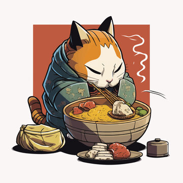 relax cat eating Ebi Fry, cat character, artistic, print design, for t-shirt and case
