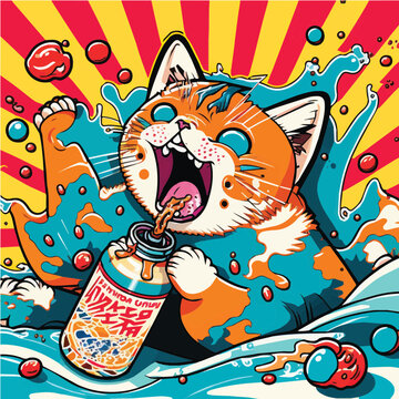 surprise cat drinking Ramune Soda, cat character, artistic, print design, for t-shirt and case
