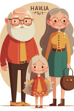 a little Cute happy girl and family, simple, cartoon, children book style, comic, flat character, artistic, Illustrator
