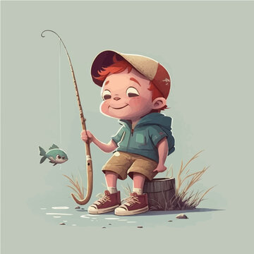 little Fisherman with a fishing rod, tackle box, and a patient, determined attitude simple, cartoon, children book style, comic, flat character, artistic, Illustrator
