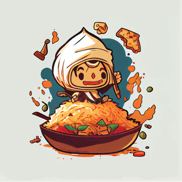 cute Biryani food character, cartoon, children book style, artistic, theme print design, for t-shirt print and case, Illustrator
