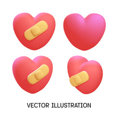 vector set of red 3d hearts isolated on a object icon concept isolated