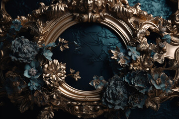 Decorative blue and golden bloom flowers and mirror frame in Rococo style. Copy space and luxurious style. Generative AI