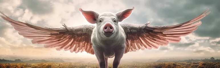 Fotobehang Generative AI image of a pig with wings flying © annette shaff