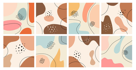 Set of eight abstract backgrounds. The one is drawn by hand the Doodle model. Contemporary modern trendy vector illustration. Every background is isolated. Pastel colors