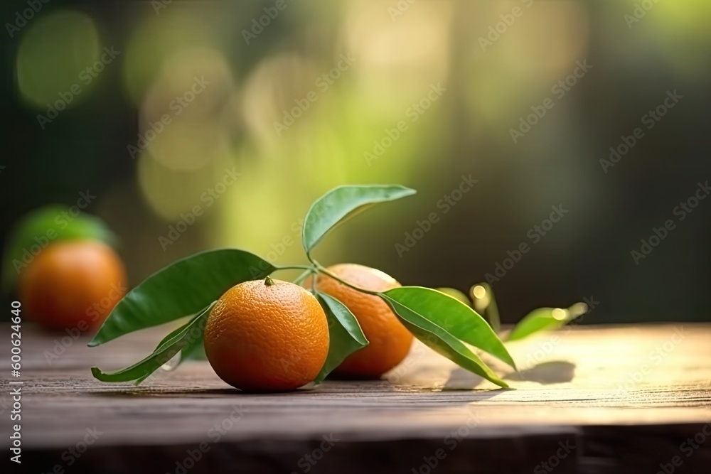 Poster three ripe oranges with leaves arranged on a rustic wooden table. generative ai