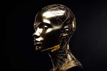 Gold metal abstract and futuristic woman mannequin portrait in black background. Generative AI