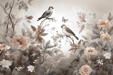 3d floral mural wallpaper with a light simple background. branches of flowers, herbs, birds, and mountains. modern art for wall home decor, generate ai
